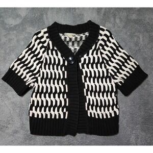 Gillian Nicole Black White Chunky Knit Short Sleeve Cardigan Sweater Size M